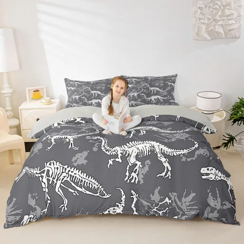 Juego de funda de edredón de dinosaurio, funda de edredón de calavera fósil de Dinos para niños, adolescentes, niños y jóvenes, juego de ropa de