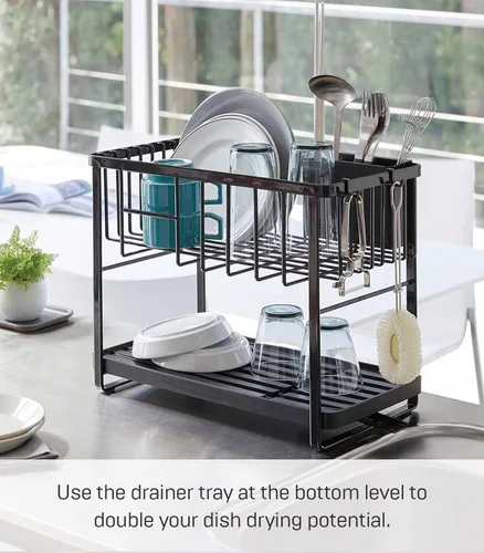 Miniatura 4 de YAMAZAKI Home Tower - Escurridor de platos ajustable de dos niveles, estante de secado compacto con ganchos, soporte para utensilios, acero - Negro