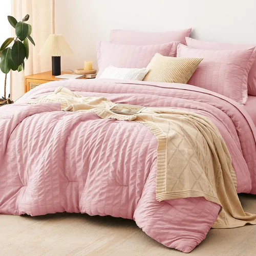 Miniatura 33 de CozyLux Juego de ropa de cama con edredón tamaño King Beige Seersucker de 7 piezas, juego de cama en una bolsa, con edredón, sábanas, fundas