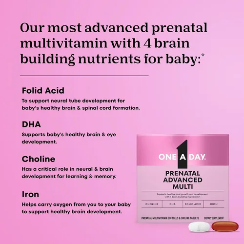 Miniatura 3 de One A Day Vitaminas prenatales avanzadas prenatales con ácido fólico, colina, DHA y hierro, vitaminas para el embarazo para mujeres para apoyar