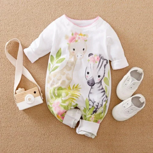 Miniatura 2 de Linda jirafa + cebra con estampado floral de manga larga para bebé niña, mono blanco para mameluco de una pieza