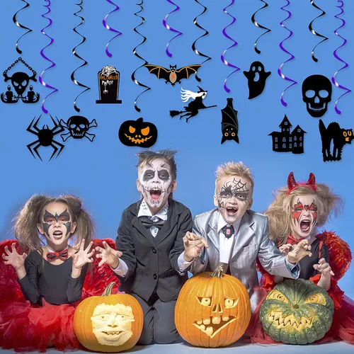Miniatura 6 de Decoración para fiesta de Halloween, murciélagos, brujas, serpentinas, 12 piezas espeluznantes de fantasmas, calaveras, esqueletos, calabaza, gatos