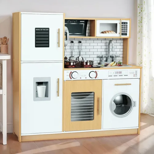 Juego de cocina para niños, juego de juguetes de madera con diseño realista, sonidos de luces, ollas y utensilios para niños y niñas a partir de 3