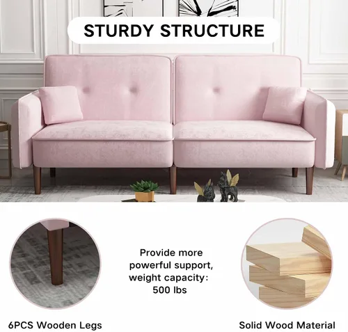 Miniatura 5 de Futón biplaza de 75 pulgadas, sofá cama convertible de terciopelo, moderno con patas de madera, sofá reclinable tapizado plegable, asiento de espuma