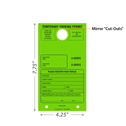Miniatura 4 de SmartSign Etiqueta colgante de espejo "Permiso de estacionamiento temporal" Paquete de 50 Verde fluorescente Cartulina de 7.75 x 4.25 pulgadas