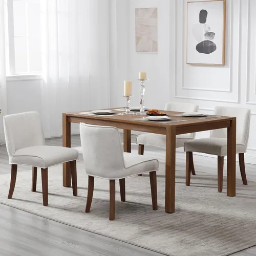 Miniatura 4 de chairus Juego de 4 sillas de comedor de granja, cómodas sillas de cocina tapizadas de tela de lino, sillas de comedor de madera marrón nogal