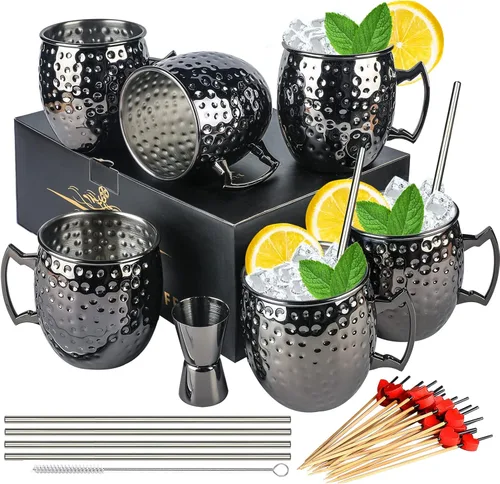 LINALL Moscow Mule - Juego de 6 tazas de acero inoxidable de 18 onzas chapadas en color negro plomizo (6 unidades)