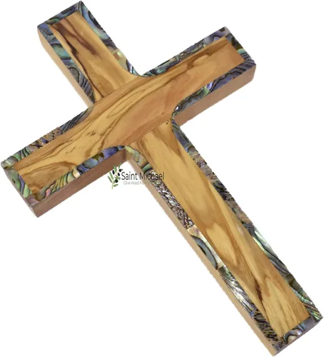 Cruz de pared de madera de olivo de San Miguel de Belén – Cruz de madera tallada a mano de 6 pulgadas con incrustaciones de nácar | Cruz religiosa