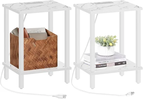 Miniatura 14 de TUTOTAK Mesa auxiliar con estación de carga, pequeña mesa auxiliar con tomas de corriente, mesita de noche, mesa de cabecera, estante de Gris beige