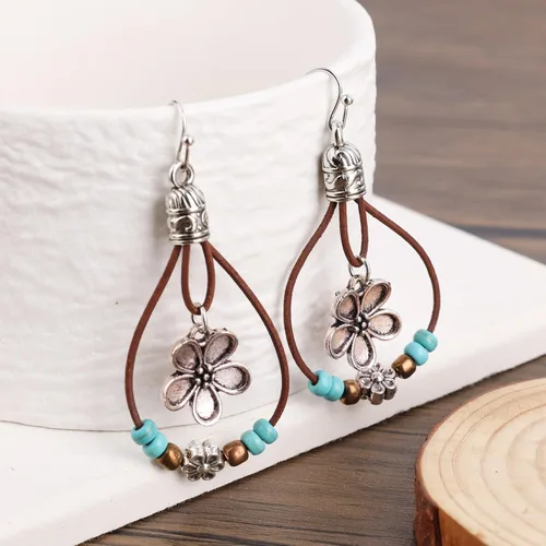 Miniatura 3 de Boho Flower Earrings,Bohemian Western Leather Dangle Drop Earrings with Nature Stones Vintage Handmade Country Concert Outfits Accessories for Women