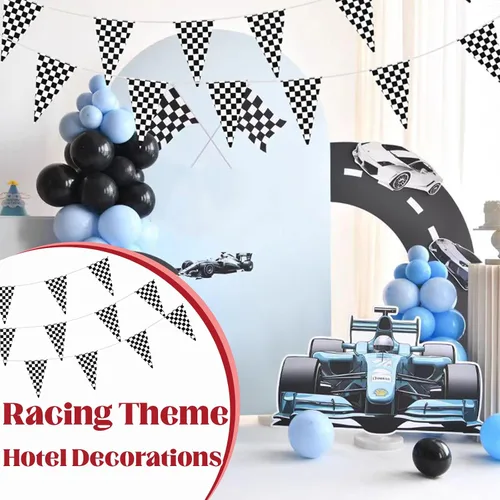 Miniatura 6 de Bandera a cuadros de 100 pies, banderas de carreras, ruedas de autos de carreras, decoraciones de fiesta de cumpleaños, suministros de decoración