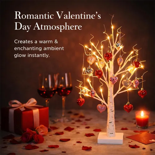 Miniatura 3 de Lámpara romántica de abedul en forma de corazón, árbol de abedul blanco iluminado con 24 luces LED y 18 corazones colgantes, decoración de mesa a