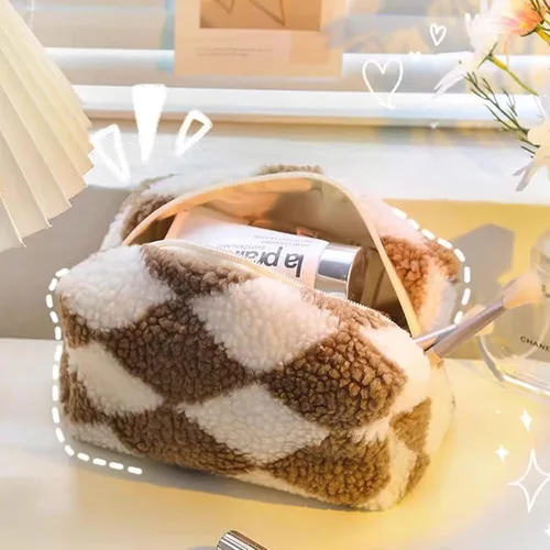Miniatura 4 de Bolsa de Maquillaje a Cuadros de Felpa Bolsa de Cosméticos Estética a Cuadros Bolsos de Mano Lindos con Cremallera Bolsa de Viaje para Artículos