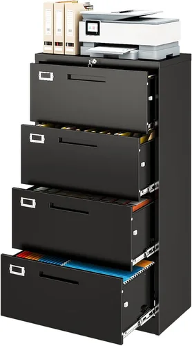 Miniatura 13 de Archivador de metal con 2 cajones con cerradura, gabinete archivador con soporte para impresora móvil y estantes para archivos de tamaño Negro