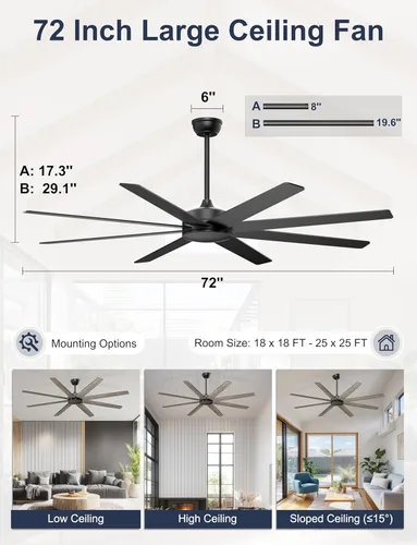 Miniatura 3 de Ventiladores de techo grandes de 72'' sin luces, ventilador de techo negro moderno con control remoto/APP, ventilador de techo grande y silencioso