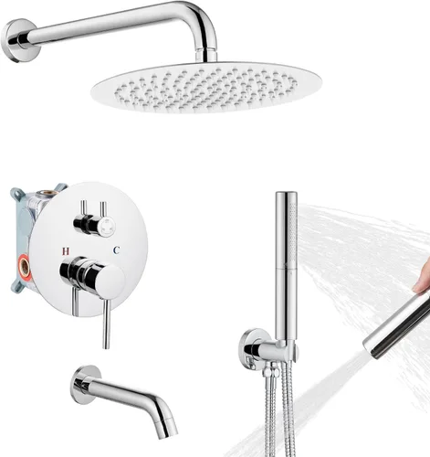 Airuida Sistema de ducha con boquilla de bañera, cabezal de ducha redondo de 10 pulgadas con 2 funciones, ducha de mano, montaje en pared, juego de