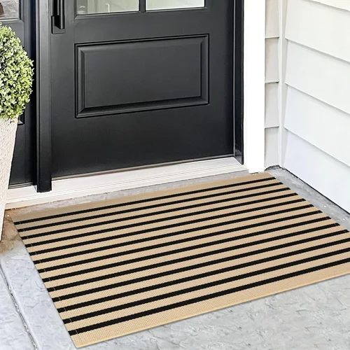 Miniatura 27 de KOZYFLY Felpudo a rayas blancas y negras de 2 x 3 pies, alfombra pequeña de área de algodón para porche delantero, alfombra lavable para exteriores