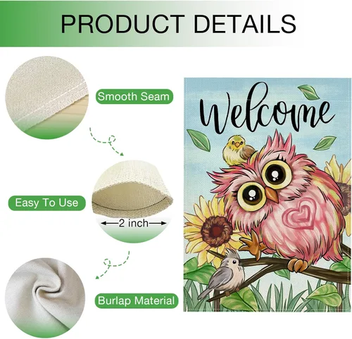 Miniatura 4 de Hzppyz Bandera de jardín de búho rosa de bienvenida para primavera y verano, de doble cara, ramas de girasol, decoración pequeña para exteriores