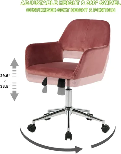Miniatura 5 de Silla de oficina de terciopelo rosa rosa, silla giratoria ajustable de altura media, silla de computadora con ruedas modernas para oficina en casa