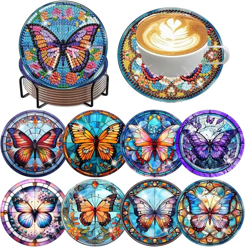 Miniatura 7 de ijbnhd 8 posavasos de pintura de diamante al atardecer con soporte, posavasos de arte abstracto de diamantes para principiantes, suministros