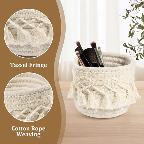 Miniatura 4 de HEAVYWOOD Organizador de brochas de maquillaje de macramé de 3.9 x 3.9 pulgadas, mini contenedores de maquillaje, bohemios, pequeños, redondos
