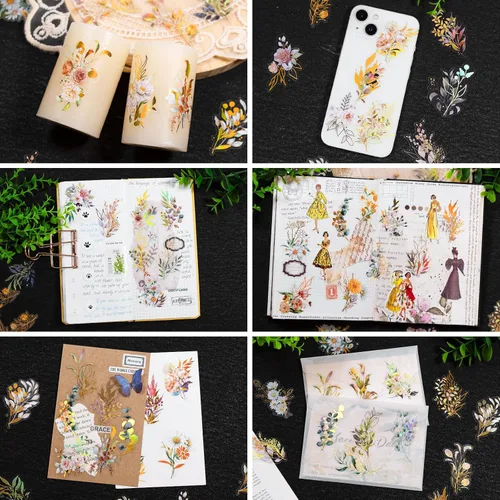 Miniatura 7 de Dizdkizd Juego de calcomanías holográficas de flores y hojas, 240 calcomanías doradas para álbumes de recortes, pequeñas calcomanías florales