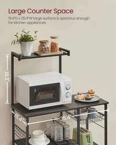 Miniatura 5 de VASAGLE Estante para panadero, soporte para microondas, estante de almacenamiento de cocina con cesta de alambre, 6 ganchos y estantes