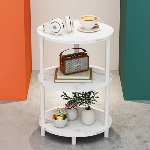Miniatura 12 de Mesa auxiliar redonda pequeña – Mesa auxiliar ovalada de 3 niveles para espacios pequeños, mesa auxiliar de sofá de madera rústica y metal, mesita