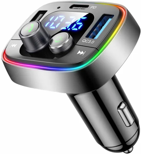 LIHAN - Transmisor FM Bluetooth para automóvil, adaptador de automóvil retroiluminado con luz LED de 7 colores, cargador de puertos QC3.0 y USB-PD,