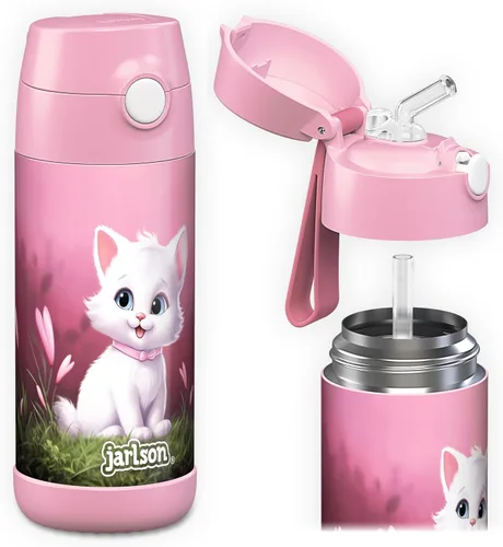 Miniatura 35 de Jarlson® CHARLI - Botella de agua para niños [12 onzas], botella térmica de acero inoxidable con pajilla, botella de agua aislada a prueba