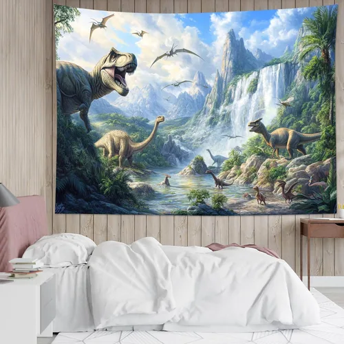 Miniatura 19 de HVEST Tapiz de dinosaurio salvaje y antiguo depredador para colgar en la pared, bosque tropical con árboles verdes y montañas, tapices de pared