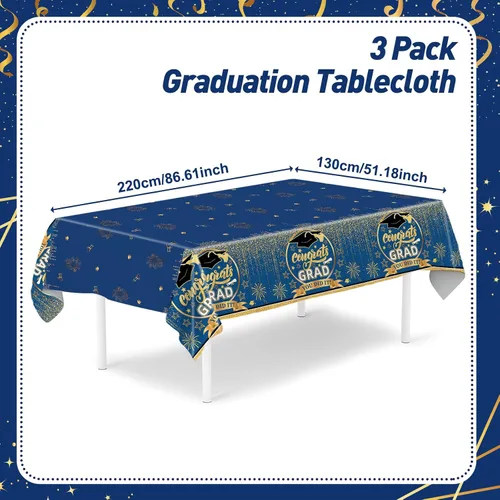Miniatura 2 de Staraise Mantel de graduación de 3 piezas para decoraciones de graduación 2026, mantel de plástico azul y dorado, mantel de graduación desechable