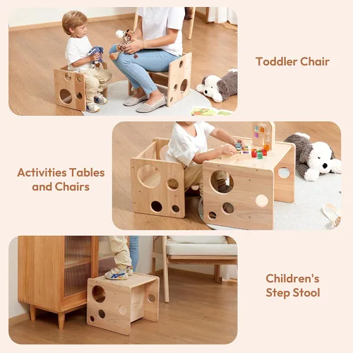 Miniatura 3 de Woodtoe Montessori - Juego de mesa y silla de destete, mesa y silla ajustable para niños pequeños, mesa de actividades de madera maciza, ideal