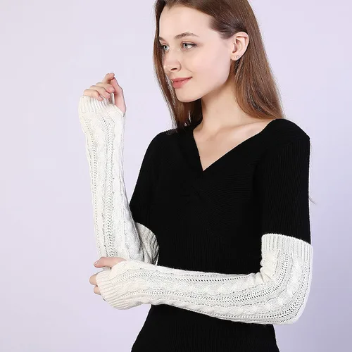 Miniatura 15 de Bellady Guantes de invierno para mujer, cálidos sobre el codo, guantes largos sin dedos con agujero para el pulgar, guantes de punto para calentar