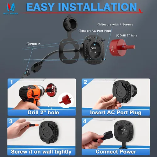 Miniatura 5 de MICTUNING Enchufe de puerto de CA de 20 pulgadas de 15 A con cable de extensión integrado de alta resistencia con tapa y sierra de agujero