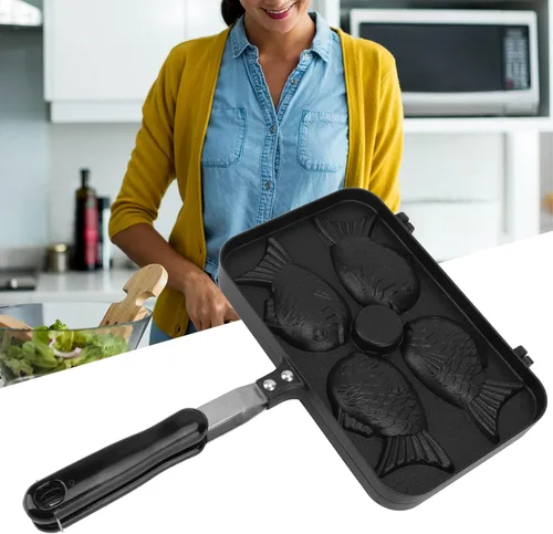 Miniatura 7 de Taiyaki - Máquina para hacer gofres, antiadherente con mango largo, mini molde para pasteles en forma de pez, 4 rejillas Taiyaki con forma de pez