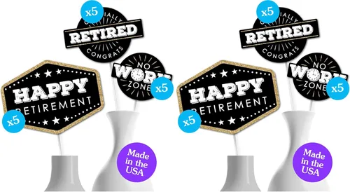 Big Dot of Happiness - Retirement Party Centerpiece Sticks, Happy Retirement | Table Toppers - Set of 15 (Pack of 2)