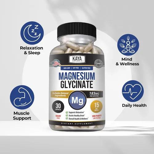 Miniatura 5 de Kaya Naturals Glicinato de magnesio 183 mg por cápsula, quelado para una máxima absorción, sin OMG, sin gluten, lácteos y soja, apoya la salud