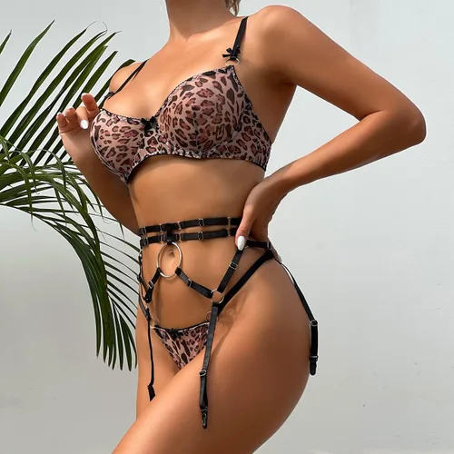 Miniatura 3 de Conjunto de lencería de liguero de leopardo para mujer, conjunto de brasier y braga sexy con liguero, 3 piezas
