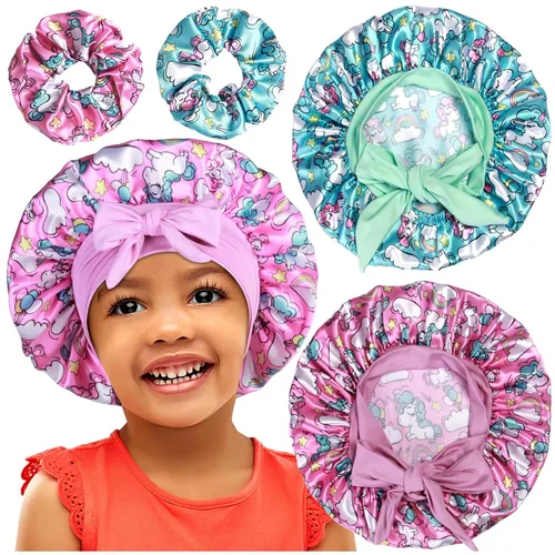 Miniatura 12 de 2+2 gorros de satén con coleteros para niños, bonitos gorros de pelo para niñas para dormir cabello rizado, A