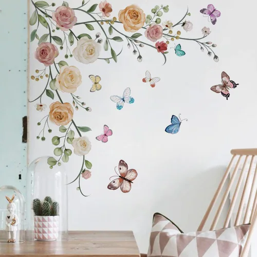 Miniatura 2 de Runtoo Pegatinas colgantes de flores y vides, diseño de peonía y mariposas florales para niñas, dormitorio, sala de estar, fondo de TV, decoración