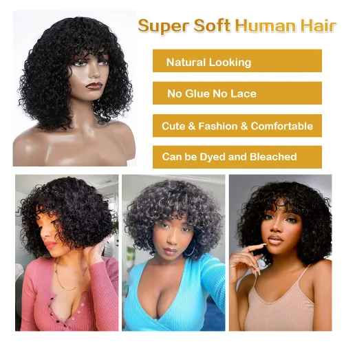 Miniatura 2 de JOEDIR HAIR Peluca corta y rizada con flequillo, peluca de cabello humano virgen brasileño de 12 pulgadas para mujeres negras, peluca Jerry Curl