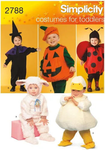 Simplicity 2788 Patrón de costura de cordero, pollito, bruja, calabaza y dama para niños pequeños, disfraz de Halloween, tallas A 1/2-4