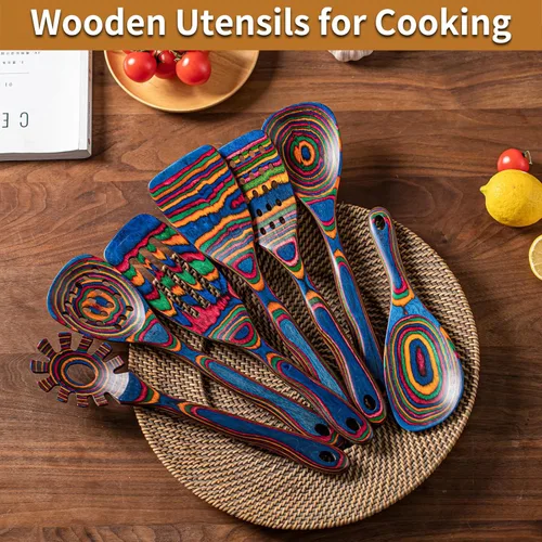 Miniatura 7 de Gudamaye Pakkawood - Utensilios de cocina de madera azul de 7 piezas, cucharas de madera, juego de utensilios de cocina, cucharas antiadherentes