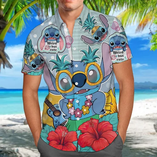 Miniatura 3 de HUNTFAMI Camisa hawaiana de película, linda camisa casual con botones de alienígena espacial, manga corta con botones, camisa tropical.