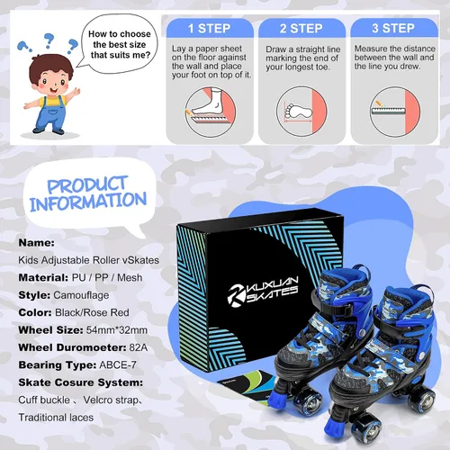 Miniatura 6 de Kuxuan Skates Patines ajustables de camuflaje para niños y niñas con ruedas iluminadas, divertidos patines iluminadores para niños, niñas y jóvenes