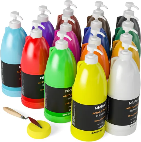 Nicpro Juego de pintura acrílica grande de 14 colores (33.8 onzas, 33.8 fl oz), suministros de pintura artística, no tóxicos para múltiples 33.8oz