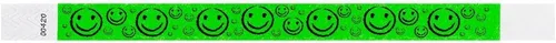 Miniatura 3 de 500 pulseras Tyvek de Wristco con cara sonriente verde neón para eventos, ¾ x 10 pulgadas, impermeables, reciclables, cómodas, resistentes a