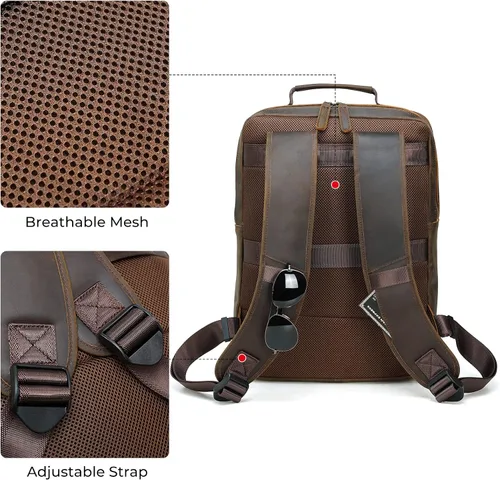 Miniatura 4 de Mochila de cuero de grano completo para hombres, mochila de viaje para laptop de 17.3 pulgadas, mochila con múltiples bolsillos con cremalleras YKK
