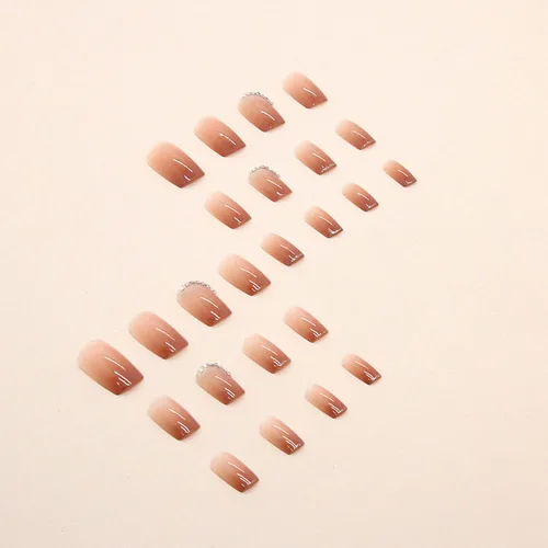 Miniatura 3 de Uñas postizas cortas a presión, cuadradas, color rosa nude, cobertura completa, uñas postizas brillantes con purpurina con diseño de diamantes